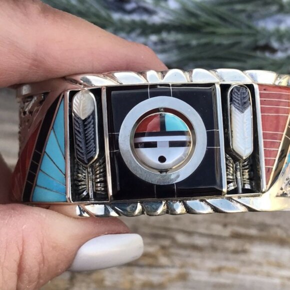 Don Dewa Zuni Sterling Silver Multi-stone SunFace Cuff Bracelet - Picture 3 of 9